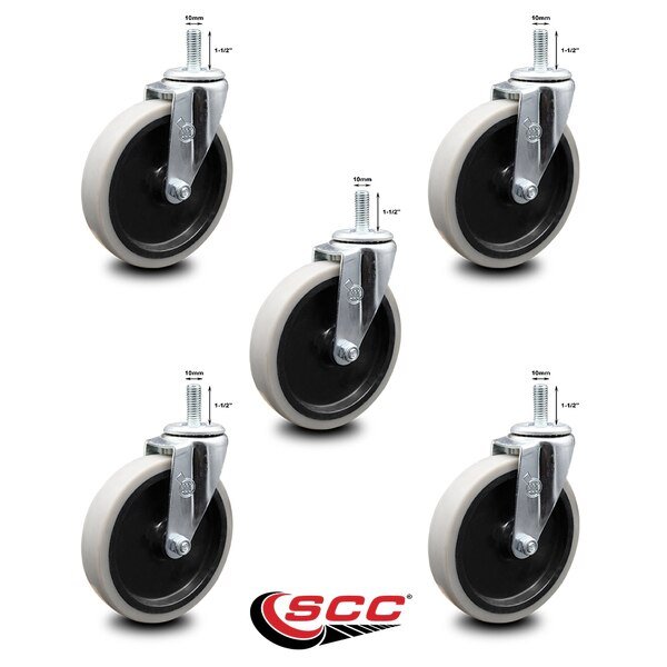 5 Inch Thermoplastic Rubber Wheel 10mm Threaded Stem Caster SCC, 5PK, Service Caster, Mfr#: SCC-TS05S510-TPRS-M1015-5